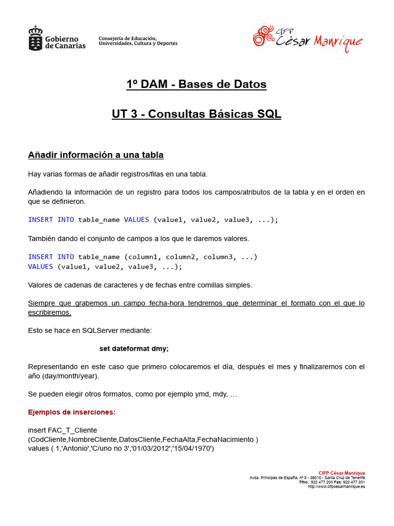 2 - Teoria UT 3 (II) - Consultas basicas SQL | PDF | SQL | Datos