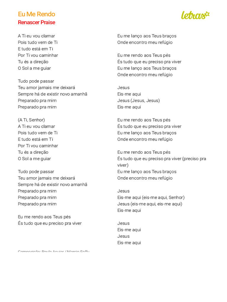 Eu Me Rendo - Renascer Praise (Impressão) | PDF