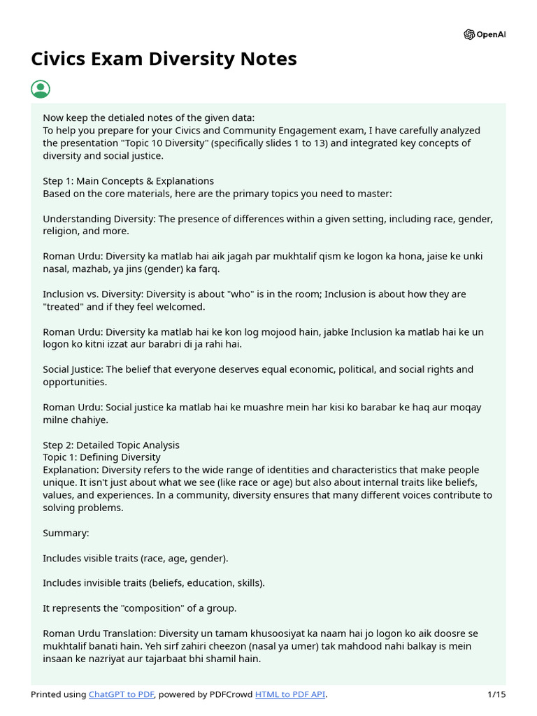 Civics Exam Diversity Notes | PDF | Social Exclusion | Multiple Choice