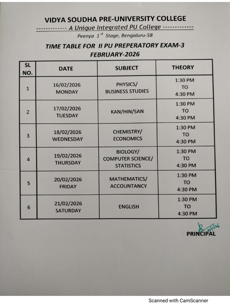 Time Table For II Pu Preparatory Exam-3 Feb-2026 | PDF