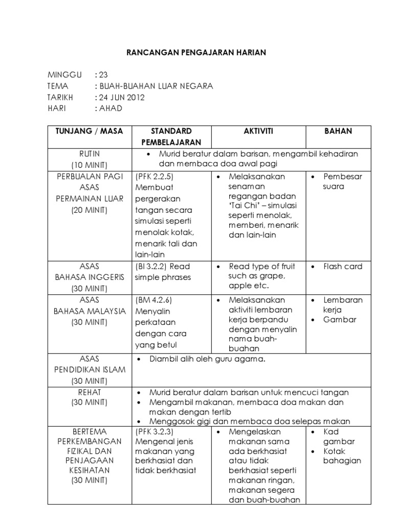 Contoh Rancangan Pengajaran Harian Prasekolah Pdf
