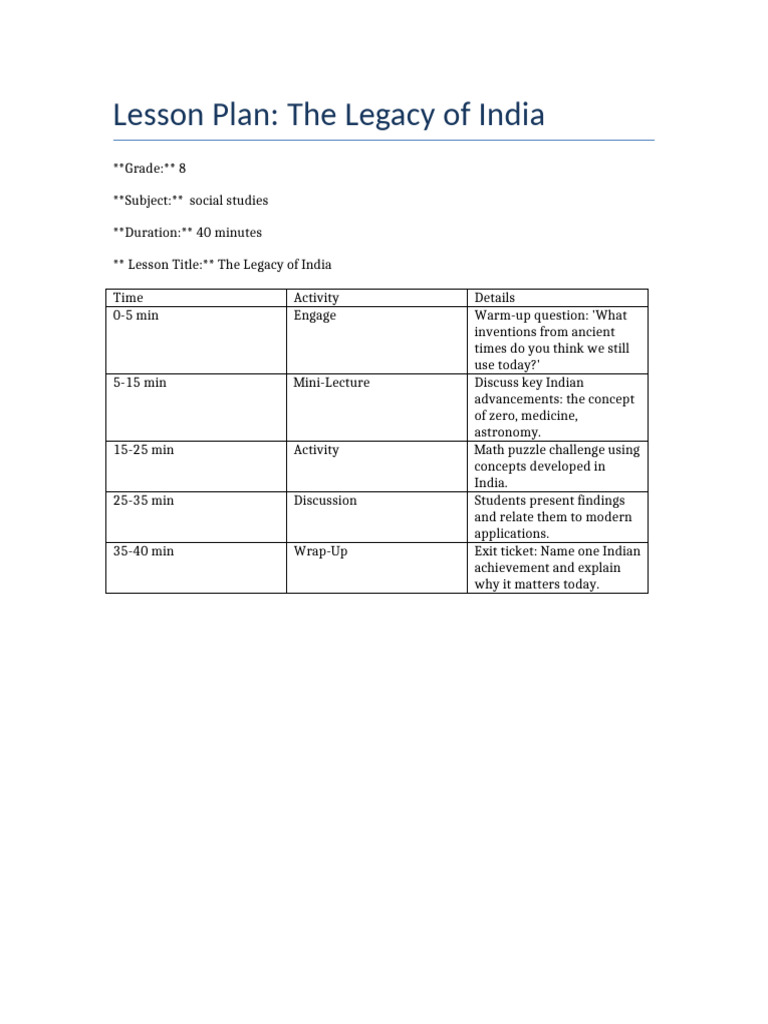 Lesson Plan 2 Legacy of India 8 | PDF