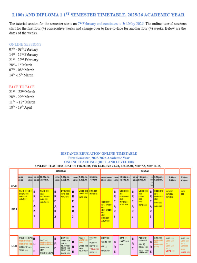 Updated - Provisional Timetable - First Semester 2025-2026 | PDF