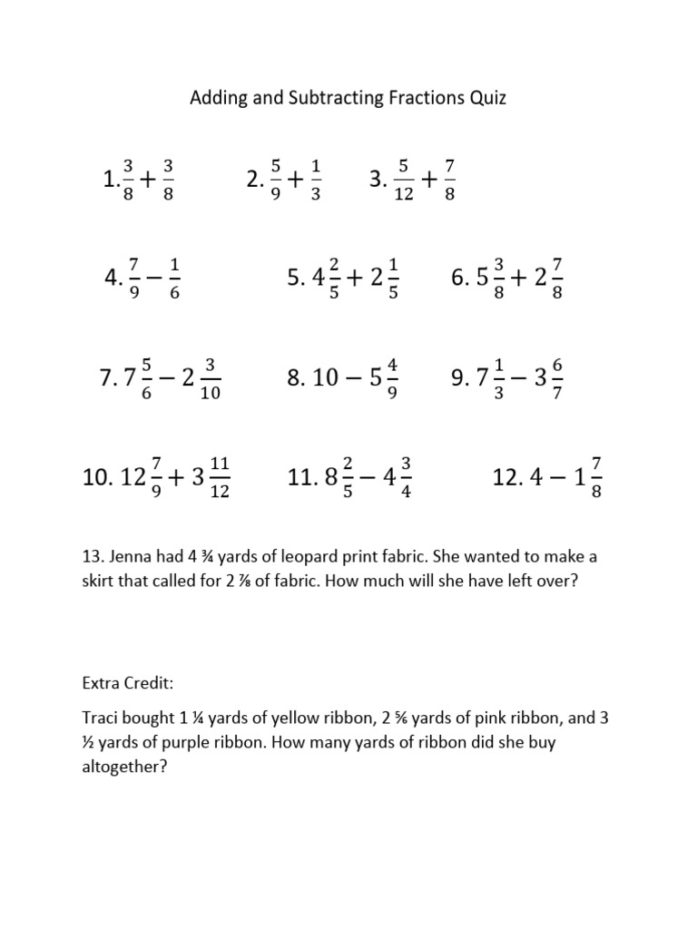 Adding and Subtracting Fractions Quiz | PDF