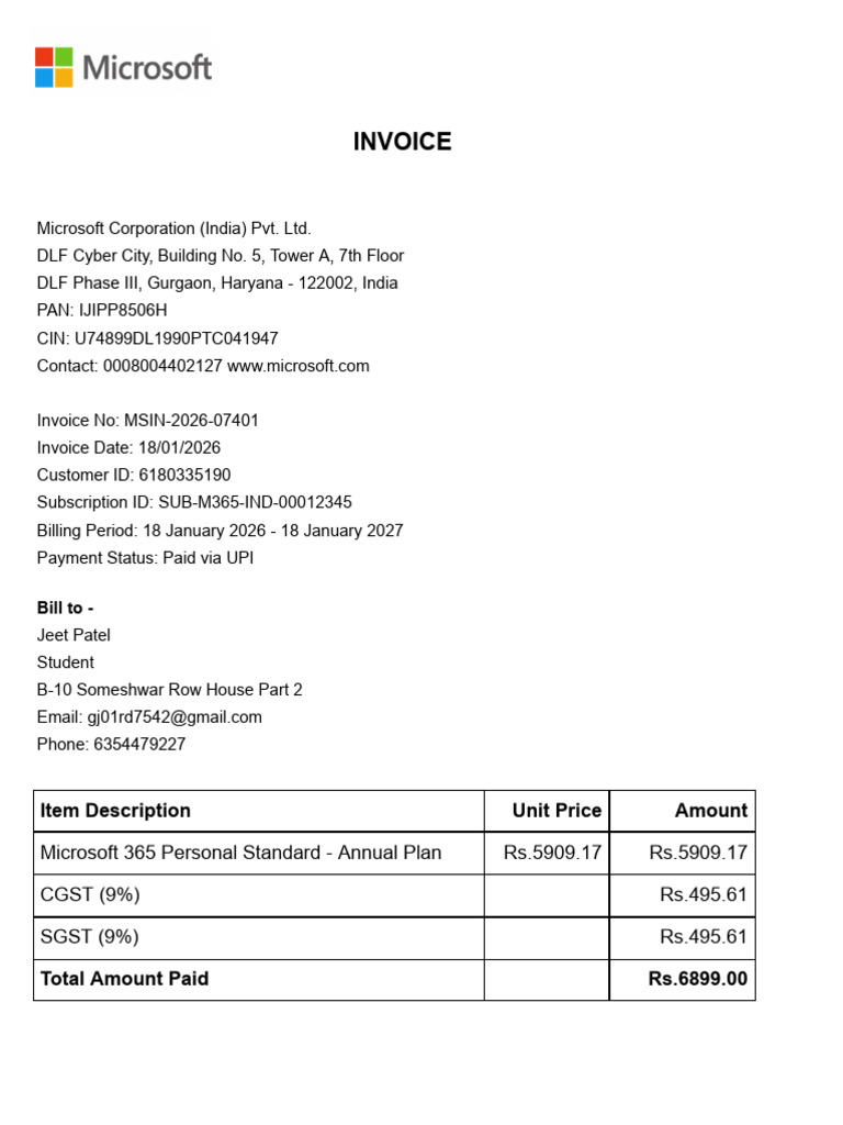 Microsoft Invoice JeetPatel | PDF