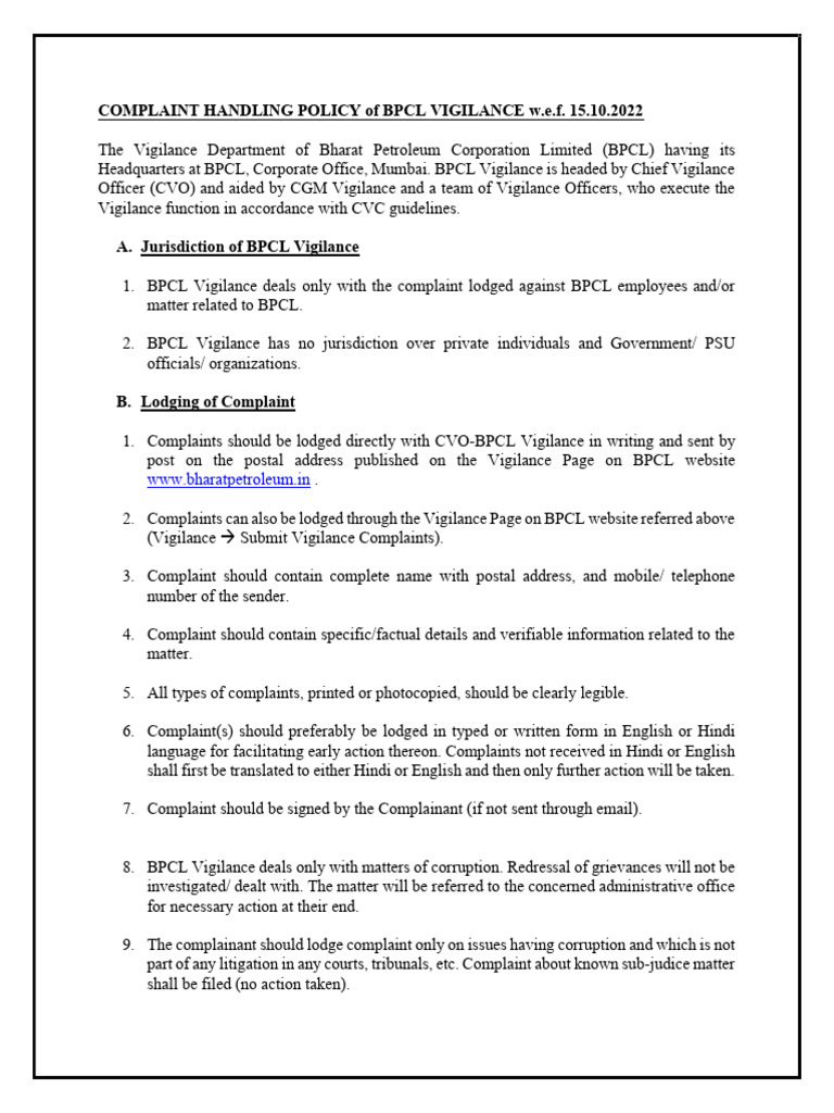 Complaint Handling Policy of BPCL Vigilance | PDF | Complaint | Justice
