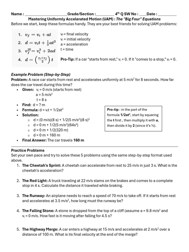 SW3 Uniform Accelerated Motion Problems | PDF