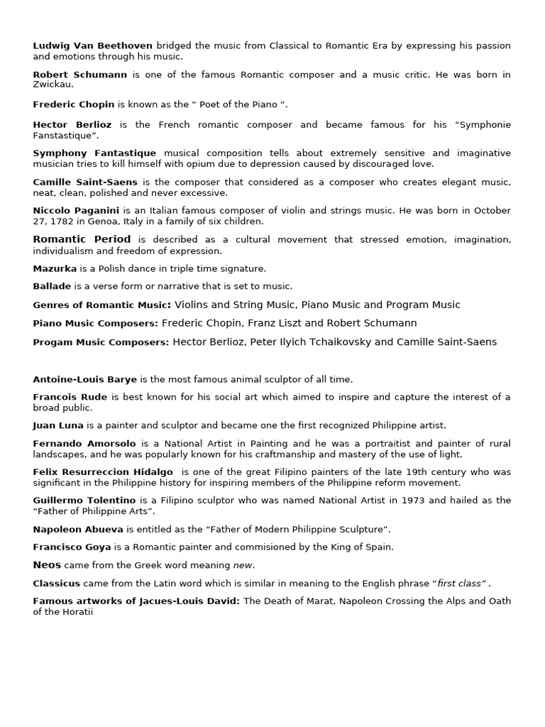 3rd Quarter Music and Arts Reviewer Summative Test | PDF | Romantic ...