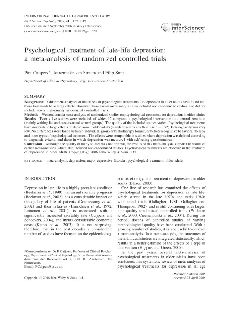 Psychological Treatment of Late Life Depression | PDF | Meta Analysis ...