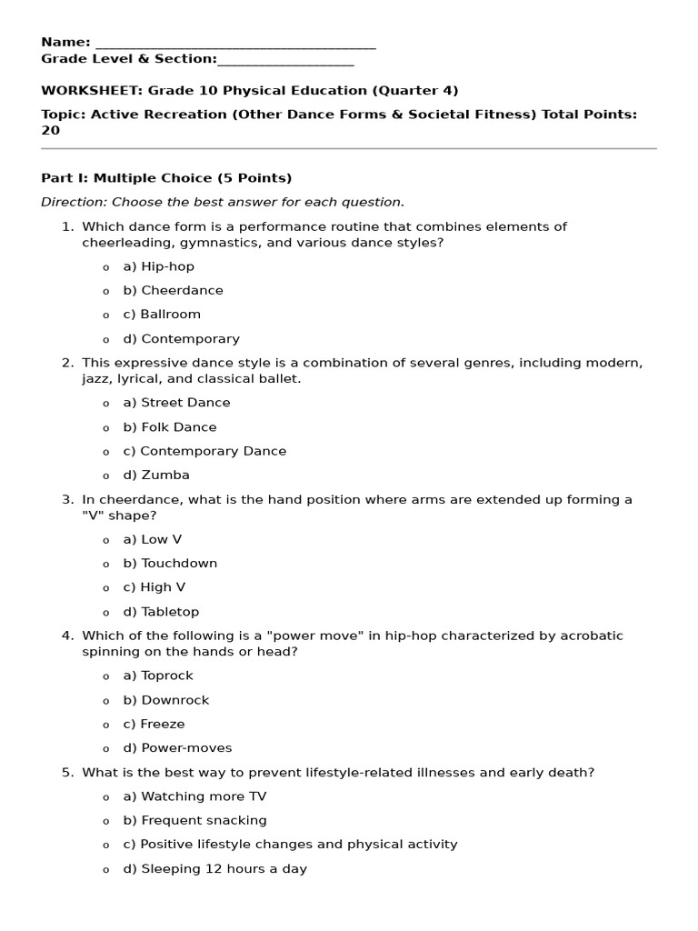 Grade 10 PE Worksheet 2 | PDF | Dances | Cheerleading