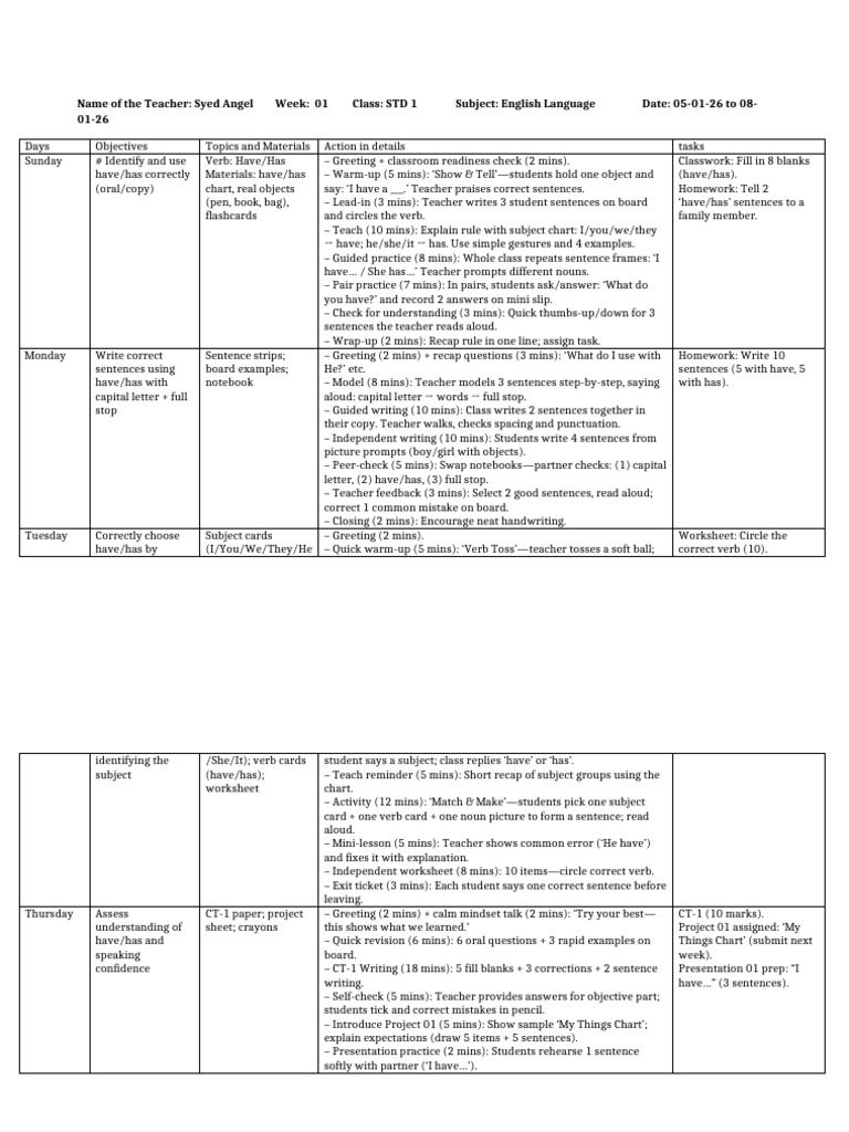 Std1 English Lessonplan Jan5 Feb19 Full Detailed | PDF | Subject ...