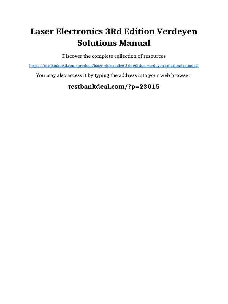 Laser Electronics 3rd Edition Verdeyen Solutions Manual Full Chapters Included | PDF ...