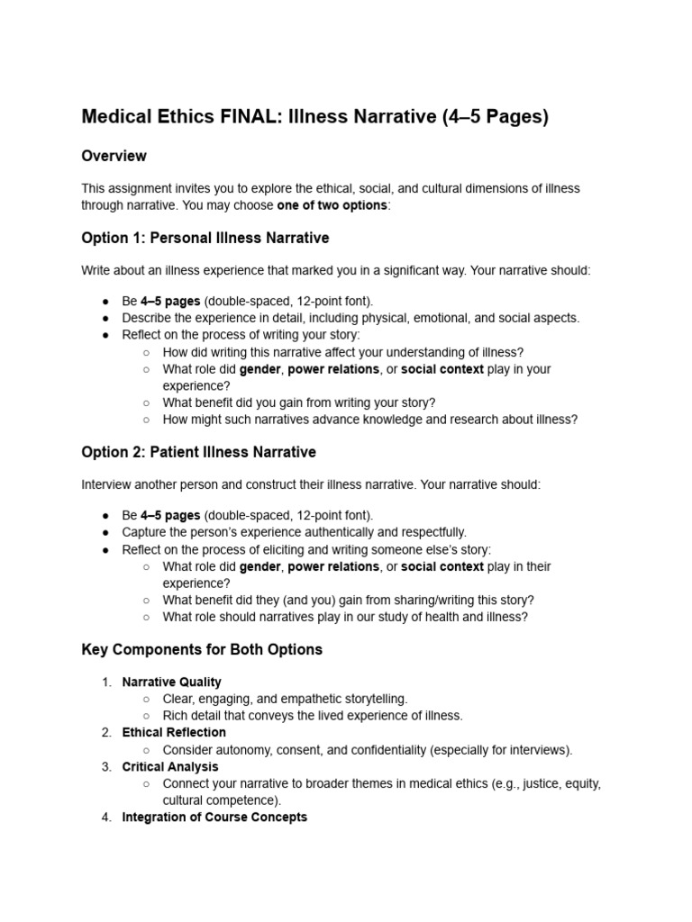 Medical Ethics FINAL - Illness Narrative and Rubric | PDF | Narrative ...