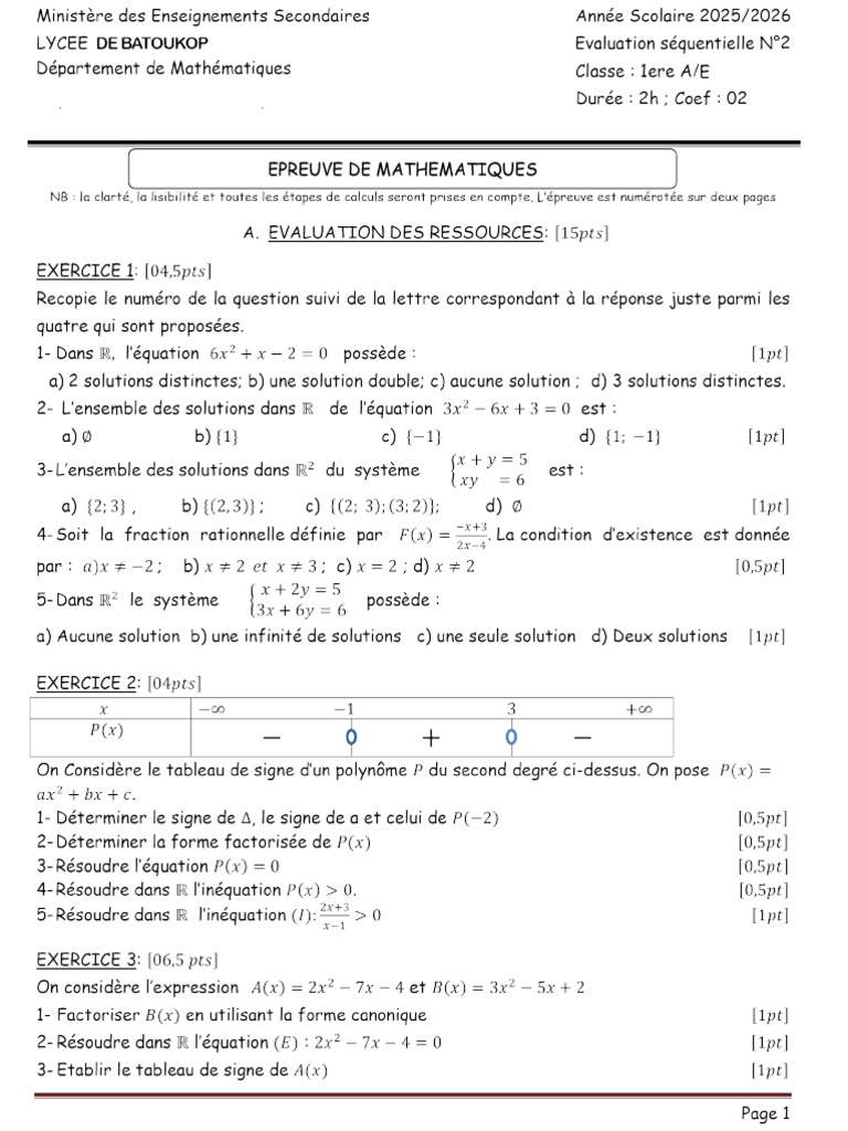 2em Séq 1ereA Maths LYBAT1 | PDF