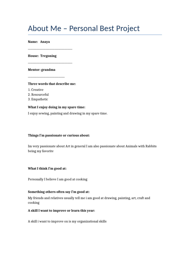 About Me Personal Best Project | PDF