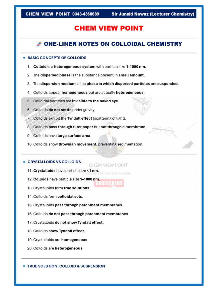 Colloidal Chemistry One Liner | PDF | Colloid | Detergent