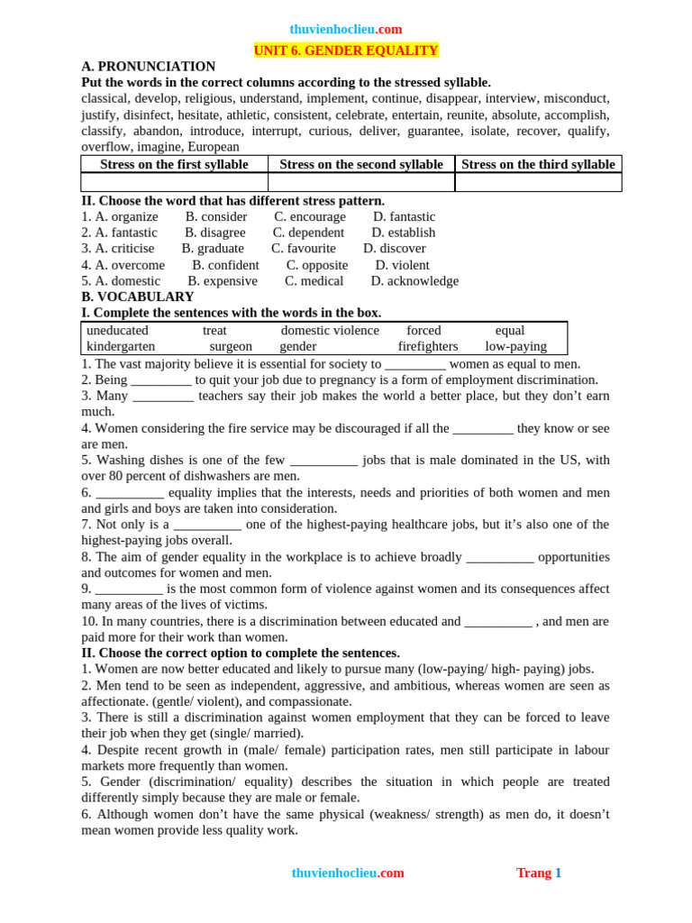 Bai Tap Lam Them Tieng Anh 10 Global Unit 6 GENDER EQUALITY | PDF ...
