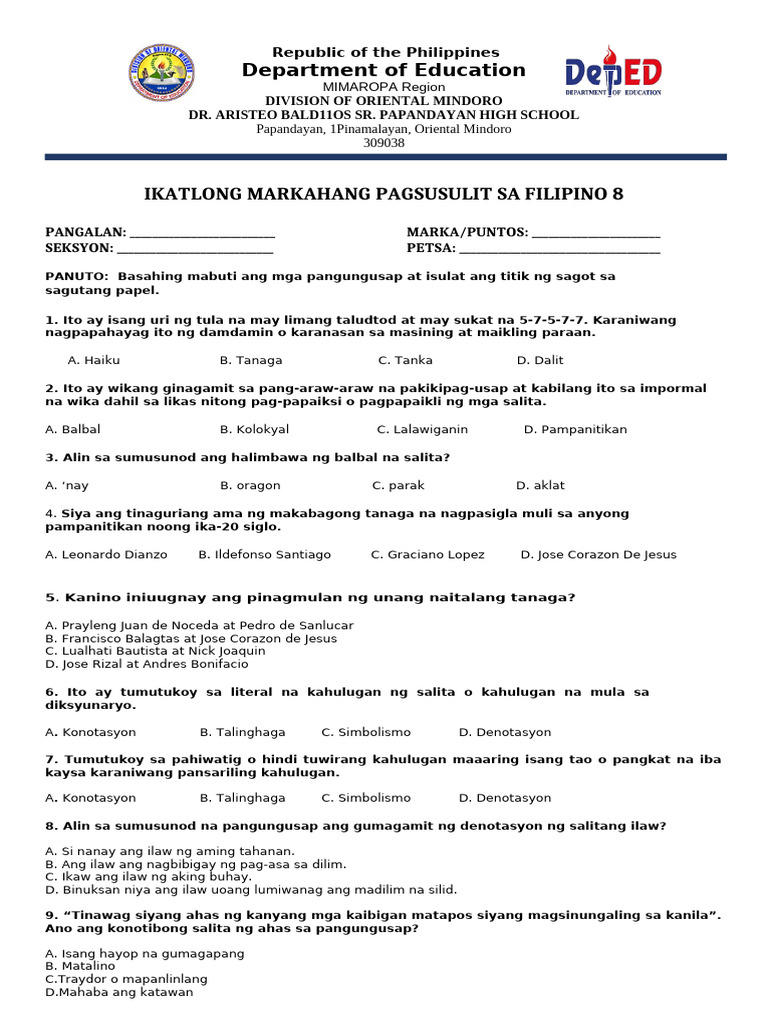 Fil 8 3RD Quarter Examination For Fililipino | PDF