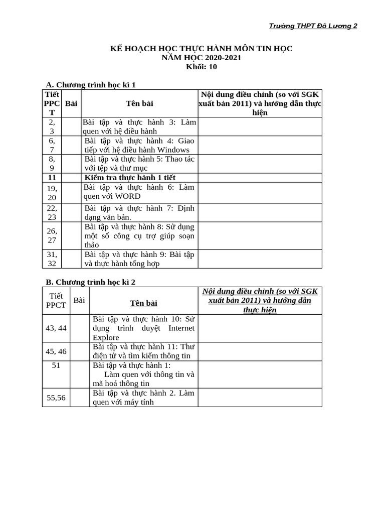Ke Hoach Thưc Hành Tin_THPT 2020-2021 | PDF