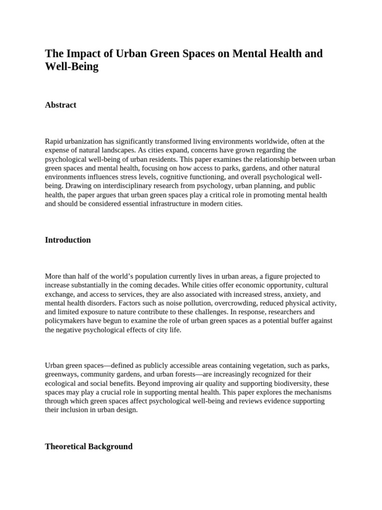The Impact of Urban Green Spaces on Mental Health and Well | PDF ...