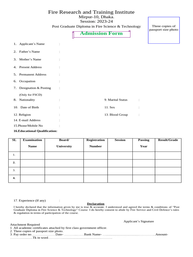 Fire Research and Training Institute: Admission Form | PDF