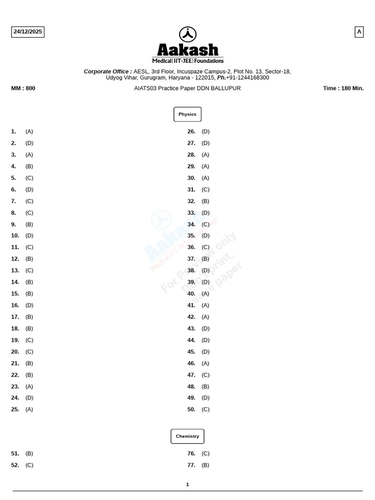 AIATS03 Practice Paper_Answer Key | PDF | Chess | Chess Openings