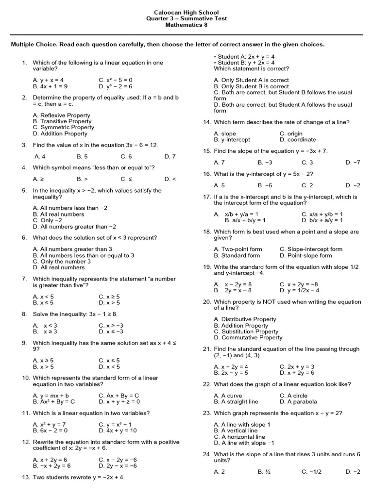 Math 8 Quarter 3 Summative Test SY 2025 2026 | PDF | Inequality ...