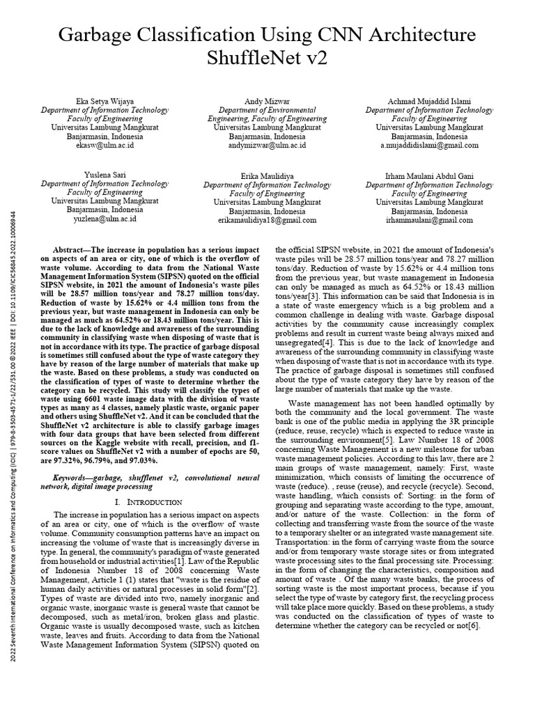 Garbage Classification Using CNN Architecture ShuffleNet v2 | PDF ...