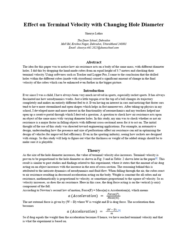 Effect on Terminal Velocity With Changing Hole Diameter | PDF | Drag ...