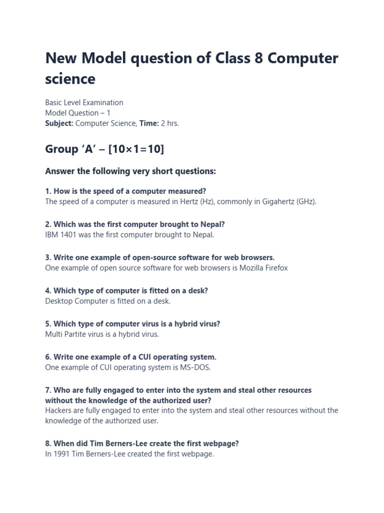 New Model Question of Class 8 Computer Science | PDF | Microsoft Excel ...