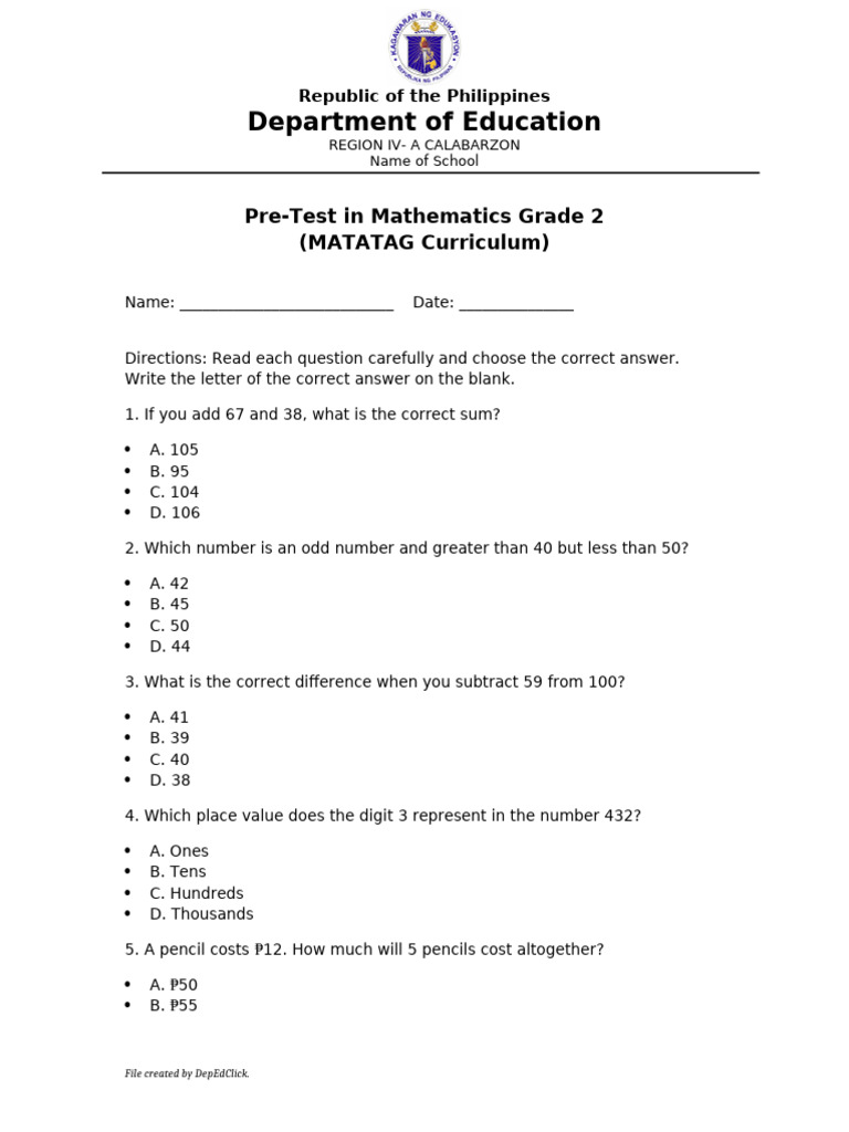 Math Grade2 PreTest | PDF | Arithmetic | Elementary Mathematics