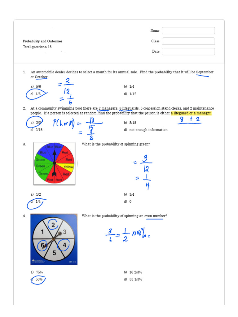 Probability and Outcomes - Wayground | PDF | Odds | Probability