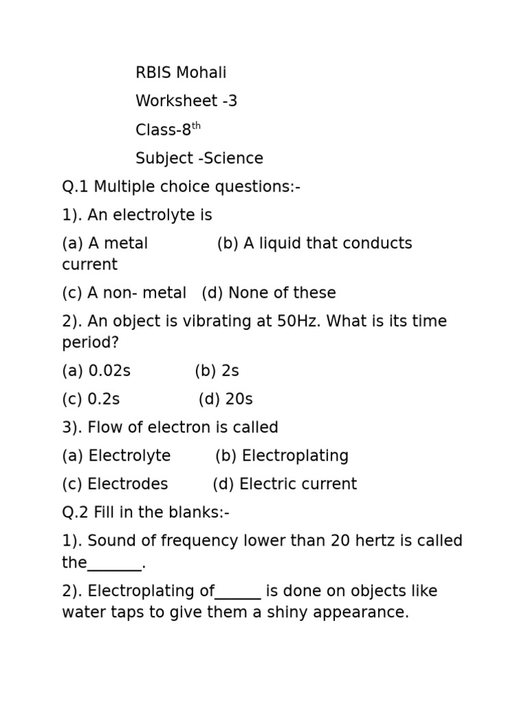 Class -8th Science Worksheet (3) | PDF