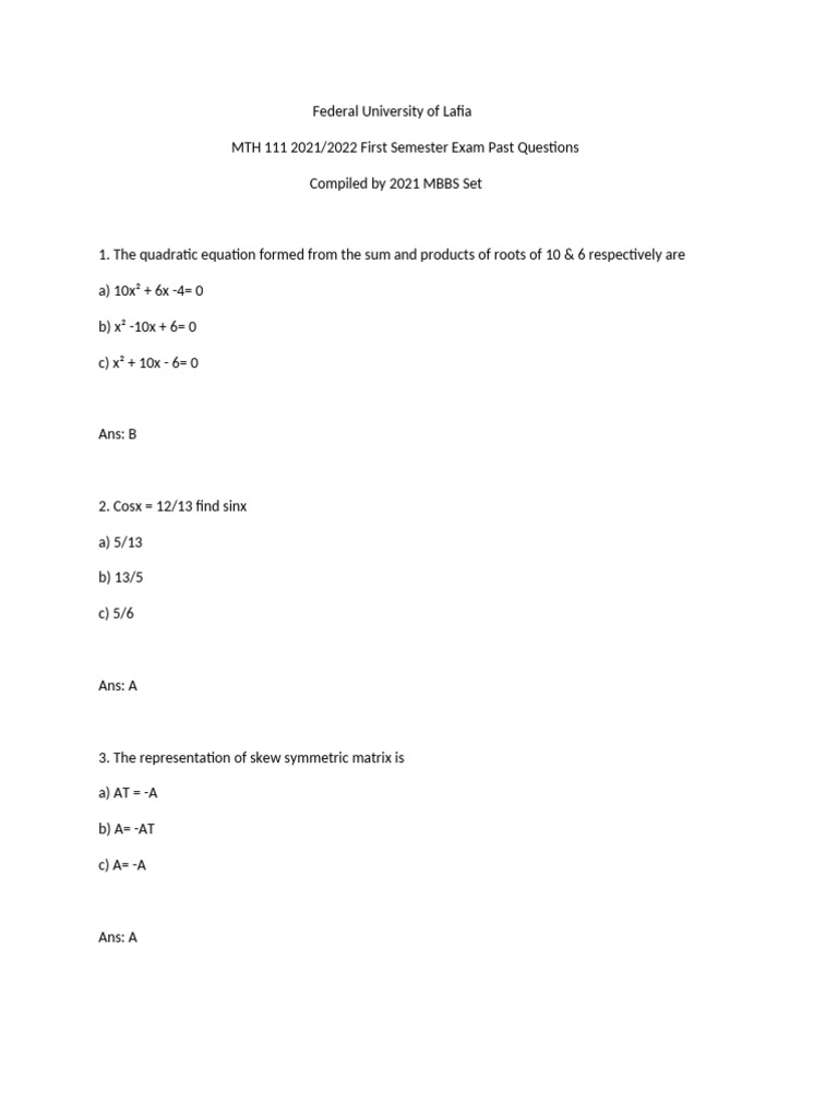Share Mth 111 2021 Pq | PDF | Mathematical Objects | Mathematics