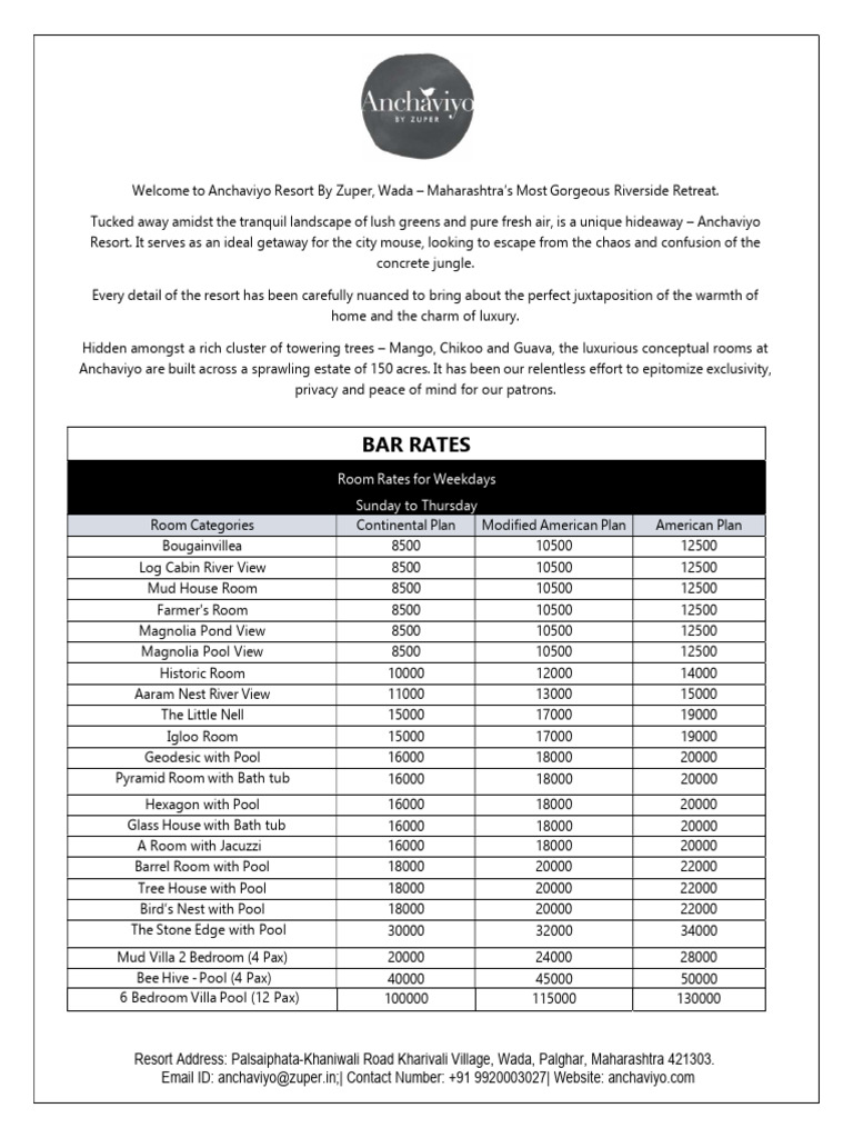 Anchaviyo Resort Rate Sheet Till 30th April 2026 | PDF | Restaurants ...