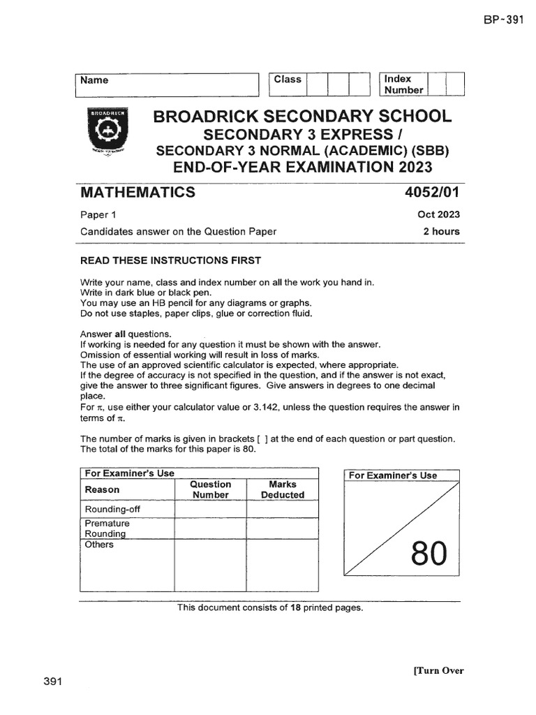 E-Math - Sec 3 - SA 2- 2023 - Broadrick Sec | PDF | Area | Trigonometry