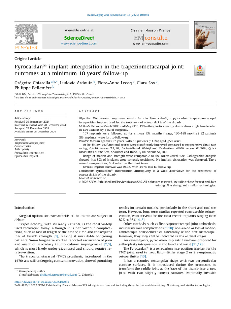 Pyrocardan1 Implant Interposition in The Trapeziometacarpal Joint ...