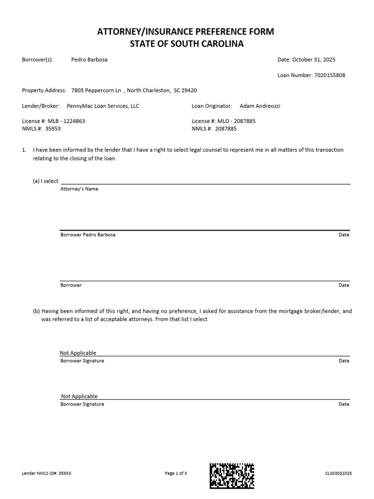 SC AttorneyInsurance Preference Form | PDF | Mortgage Broker | Mortgages