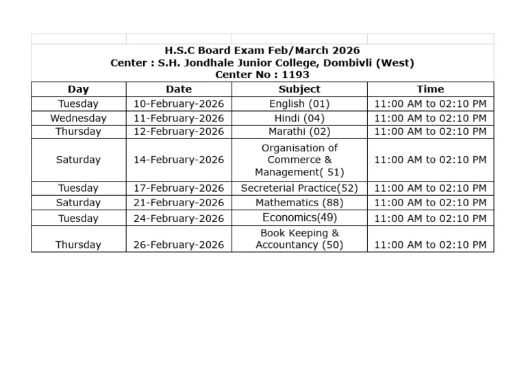 HSC Timetable 2026 - 1 | PDF