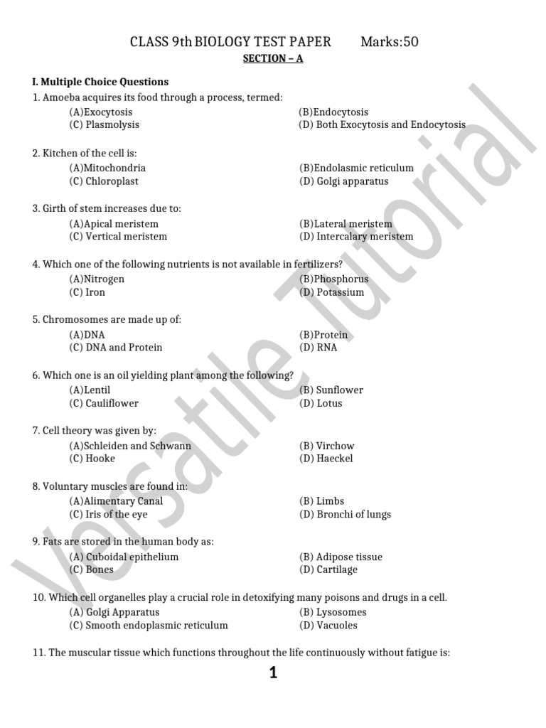 Class 9 Biology Test (All Chapter) | PDF | Cell (Biology) | Tissue ...