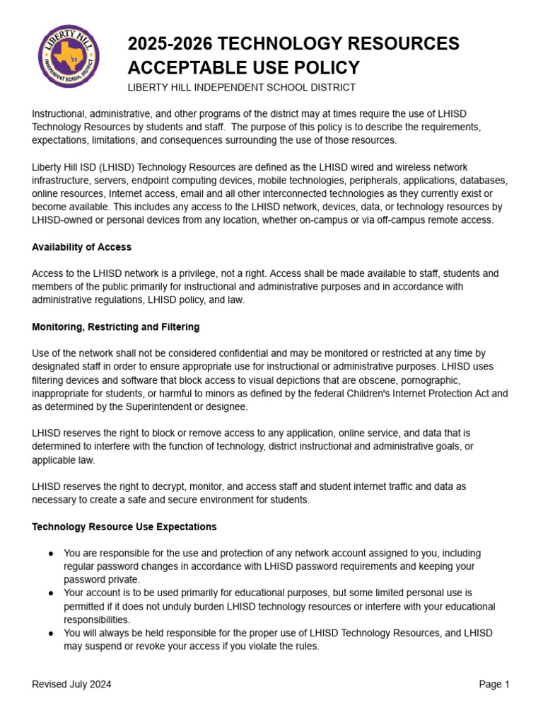 2025-2026 Technology Resources Acceptable Use Policy | PDF ...