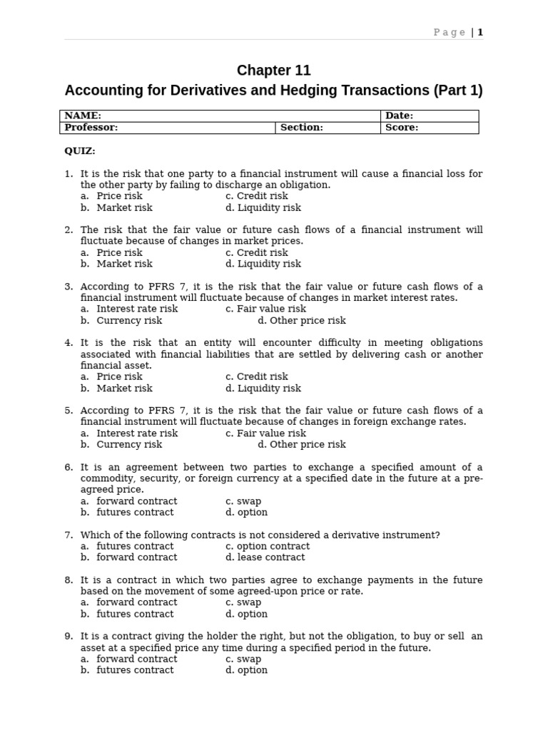 Quiz - Chapter 11 - Acctg For Derivatives & Hedging Transactions (Part ...