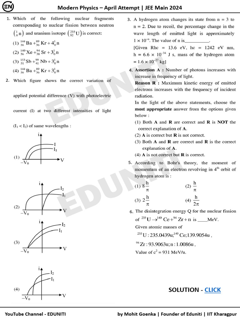 Modern Physics JEE Main 2024 April Attempt - Eduniti | PDF | Chess ...
