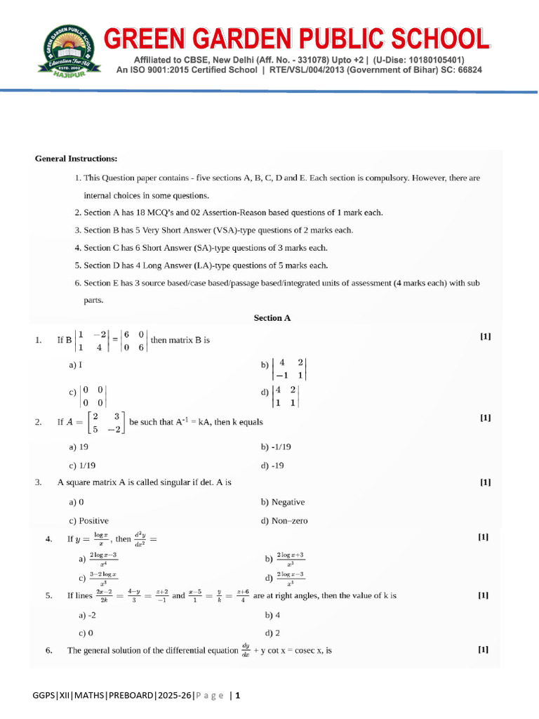 12 Mathematics QP 2026 | PDF