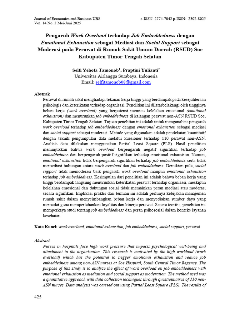 Work Overload Job Embeddedness Emotional Exhaustion Social Support | PDF