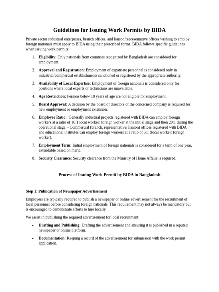 Guidelines For Issuing Work Permits & Blocklisting by BIDA | PDF ...