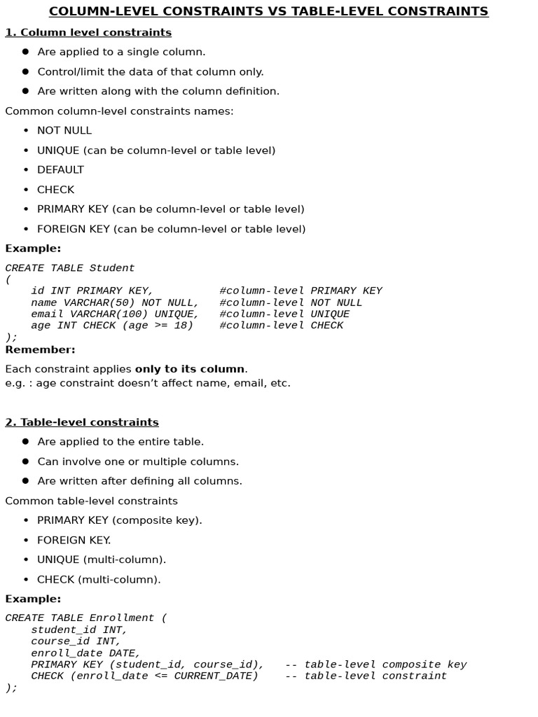Column Vs Table Level Constraints | PDF | Software Design | Computer ...