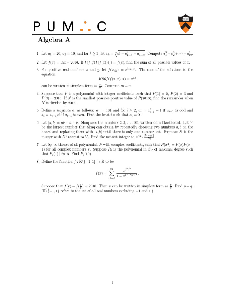 PUMaC2016_AlgebraA | PDF