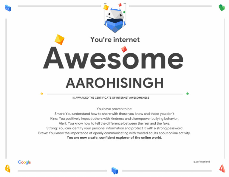 Google Interland AAROHISINGH Certificate of Awesomeness | PDF