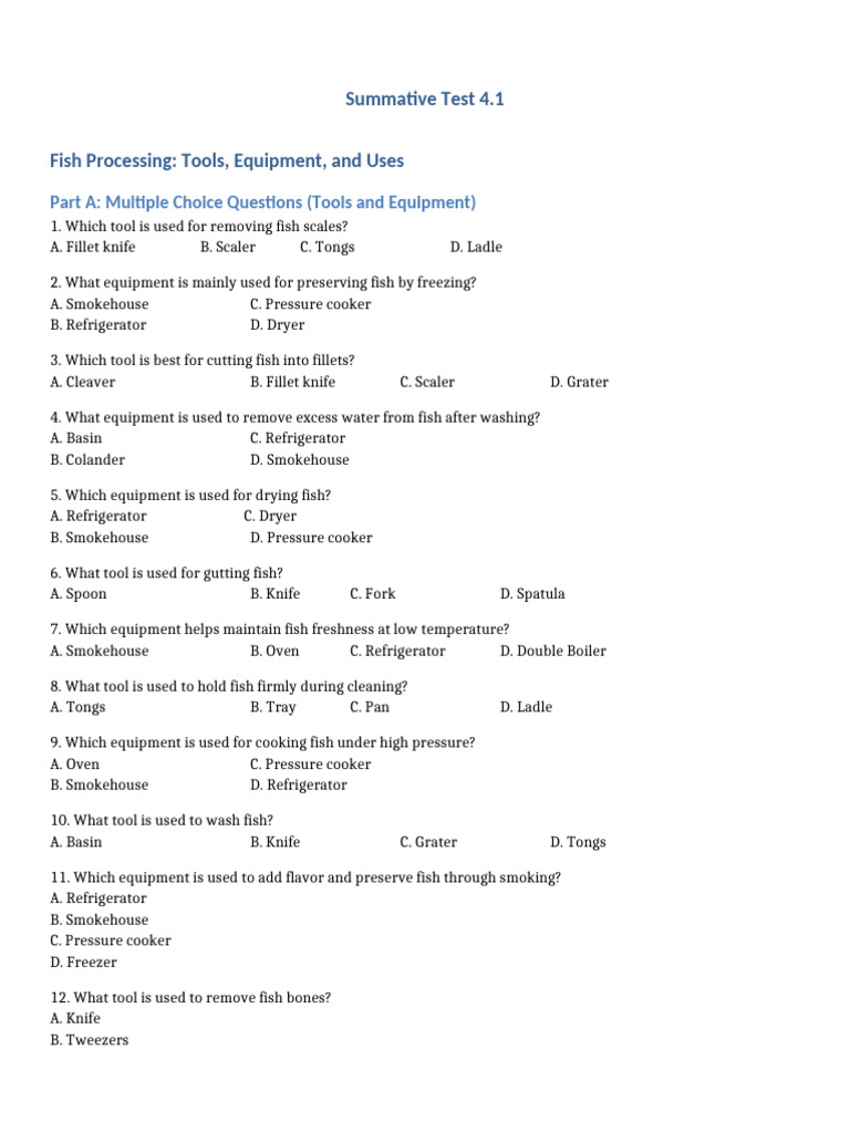 Fish Processing Tools and Equipment Questions | PDF | Smoking (Cooking ...